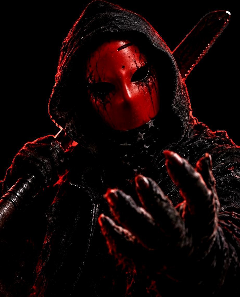 Harbinger.X: a hooded figure in a cracked red mask reaching toward the viewer