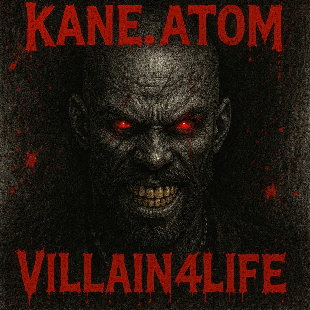 Kane Atom artwork: a grinning red-eyed villain with the words Kane.Atom and Villain4Life