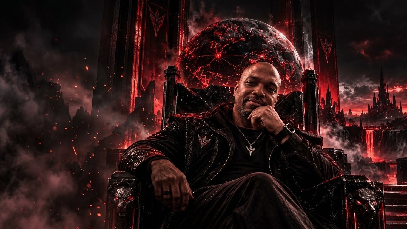 David Tyson seated on a dark throne before a cracked red globe, with a burning gothic city behind him